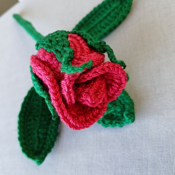 Red Crochet Rosebuds Last Forever 9" long stem rose unique faux flower cottage - Picture 8 of 15
